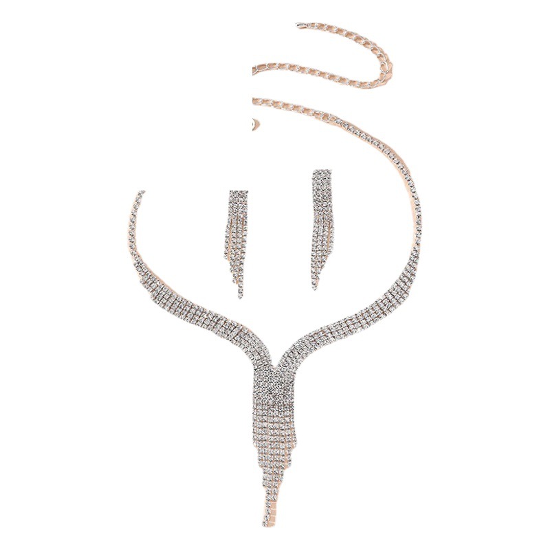 European and American retro full diamond tassel clavicle necklace earrings suit claw chain rhinestone simple dress all-match necklace for women
