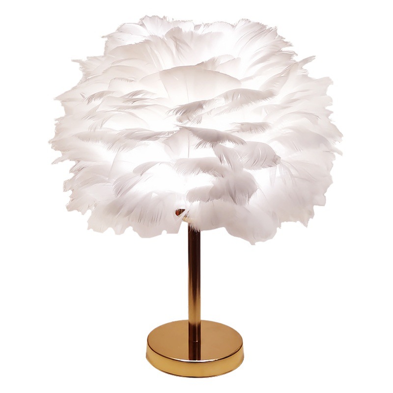 Feather lamp bedroom gold pole simple Nordic style white ins feather lamp creative bedside wedding feather table lamp