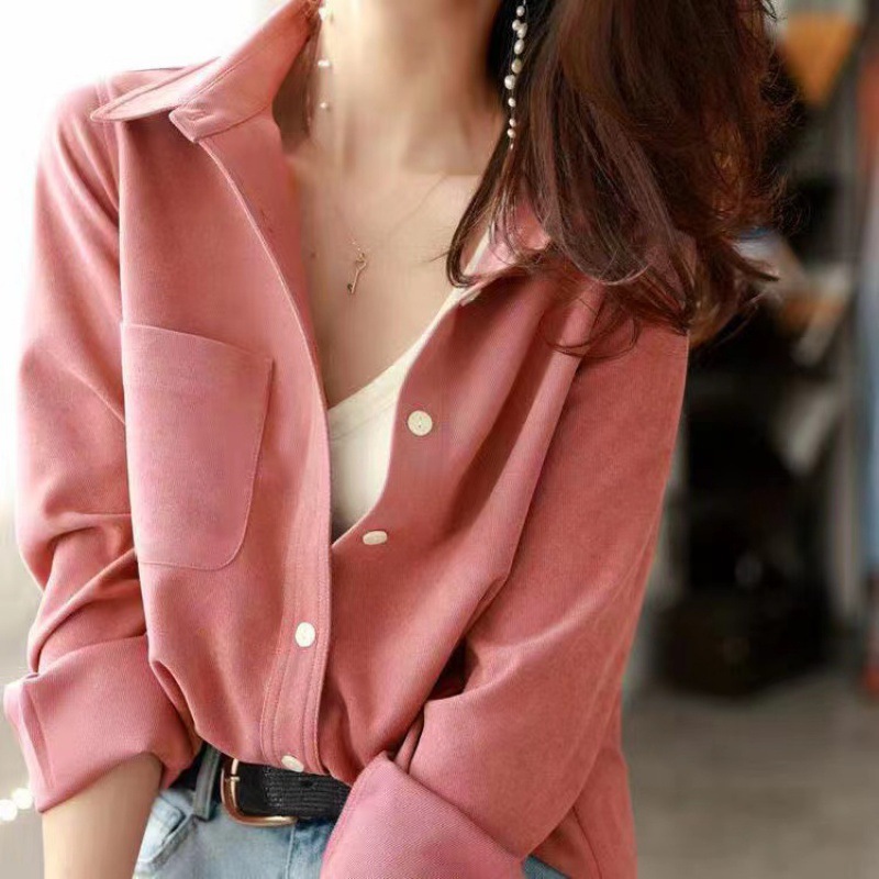 Picture of 2023 Summer New Sanding Corduroy Loose Slimming Thickened Outer Long Sleeve Stacked Base Shirt Women's Shirt