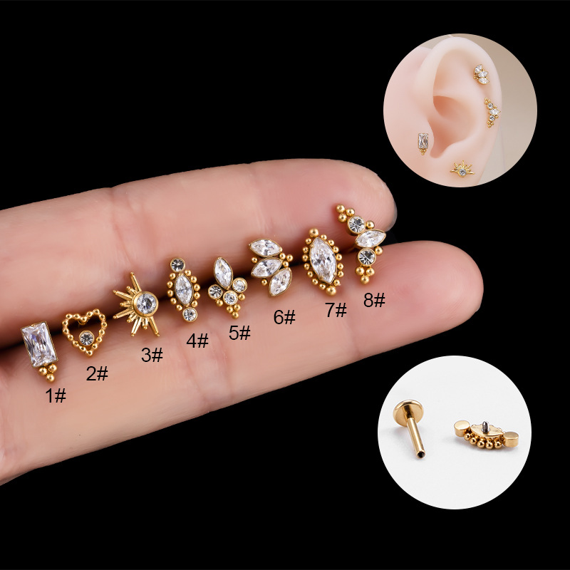 G23/F136 Titanium Alloy Inner Tooth Lip Nail Rod Ear Bone Nail Inlaid with Zircon Heart Marquise Crown Cartilage Piercing Ear Nail
