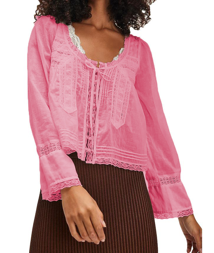Picture of New French Niche Top Autumn Lace Shirt U-shaped Lace Collar Shirt Long-sleeved Lightweight Unique Beautiful Small Shirt