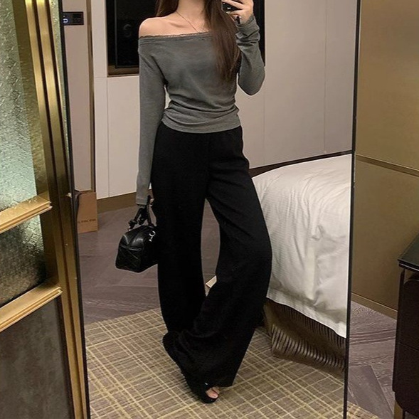 Gray pants, elastic waistband, drawstring casual pants, straight-leg pants for women, summer loose drape floor-length pants, wide-leg pants, and long pants