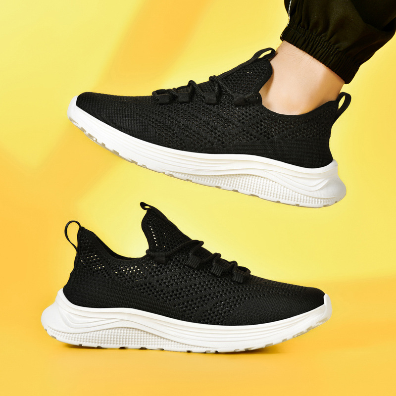2025 Summer Black Travel Shoes Wear-resistant Lightweight Running Flying Woven Breathable Middle-aged Dad Shoes Soft Sole Non-slip Men's Shoes