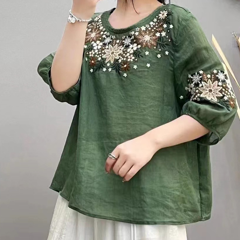 Heavy Embroidered Vintage Ramie Seven-point Sleeve Lining T-shirt Women's Summer Loose Slimming Cotton and Linen Round Neck Pullover Shirt