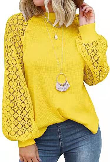 Picture of 2025 New Women's Clothing Amazon Cross-Border Round Neck Long Sleeve Lace Patchwork Loose Top for Women