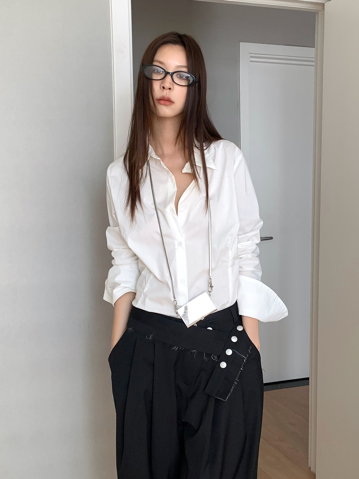 Dorothy Costume South Korea Design Non-button Curl Single-breasted Long-sleeved Shirt Women's All-match Elegant Shirt for Women