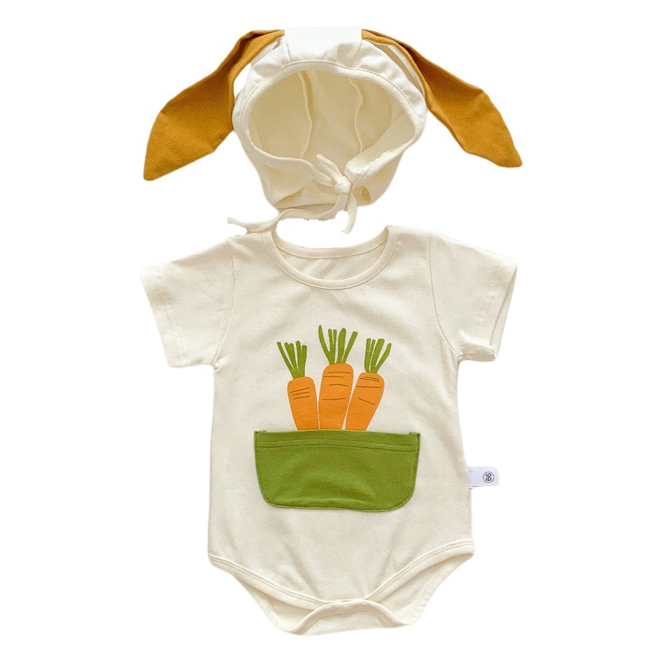 Baby's Summer Short-sleeved Fat-wrapping Clothes Newborn Baby Boys and Girls Carrot Printed Rabbit Ear Hat Climbing Clothes