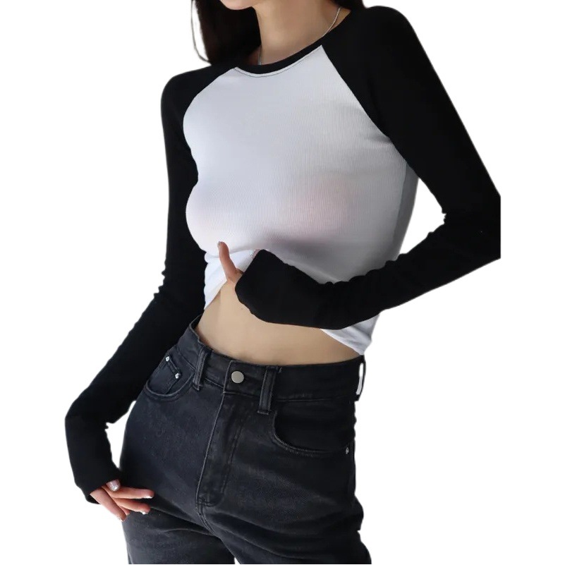 American Retro Raglan Sleeve Round Neck Long-sleeved T-shirt Women's Slim-fit Slim-fit Color-matching High Waist Short Baseball Base Shirt