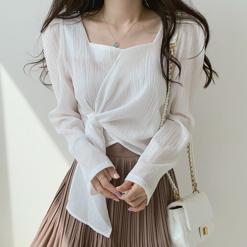 Picture of Korean chic Autumn Vintage Slimming Square Collar Irregular Lace-up Irregular Design Loose Long Sleeve Shirt Top