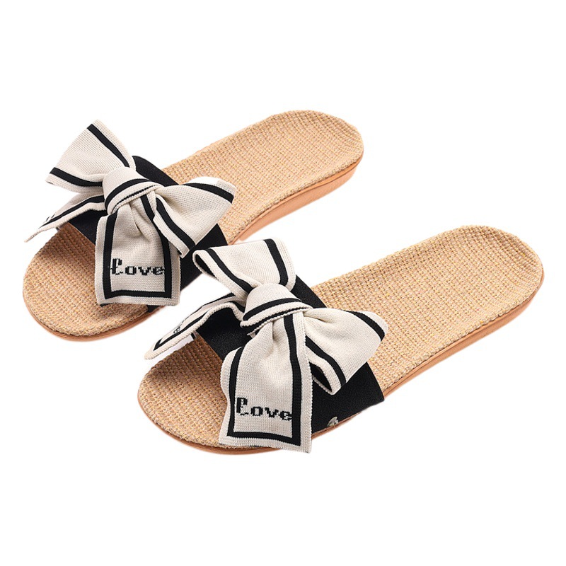2024 Bowknot Linen Slippers for Women, Soft Sole, Non-Slip, Silent Indoor Slippers, Parent-Child Matching Style