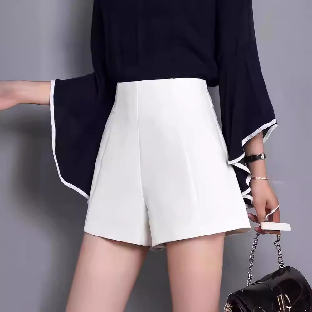 2024 New Summer High Waist Black Shorts Women's Slimming All-match A- shaped Small Suit Wide Leg Short Pants