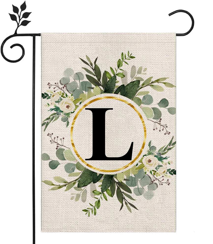 Picture of Simple ins style 26 letters + green plant printed linen garden flag surname initials courtyard door flag