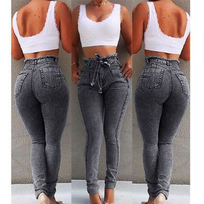Cross-Border Wish Amazon Ebay Women's Jeans Slim Stretch Fashion Versatile Tassel Belt High Waist Women's