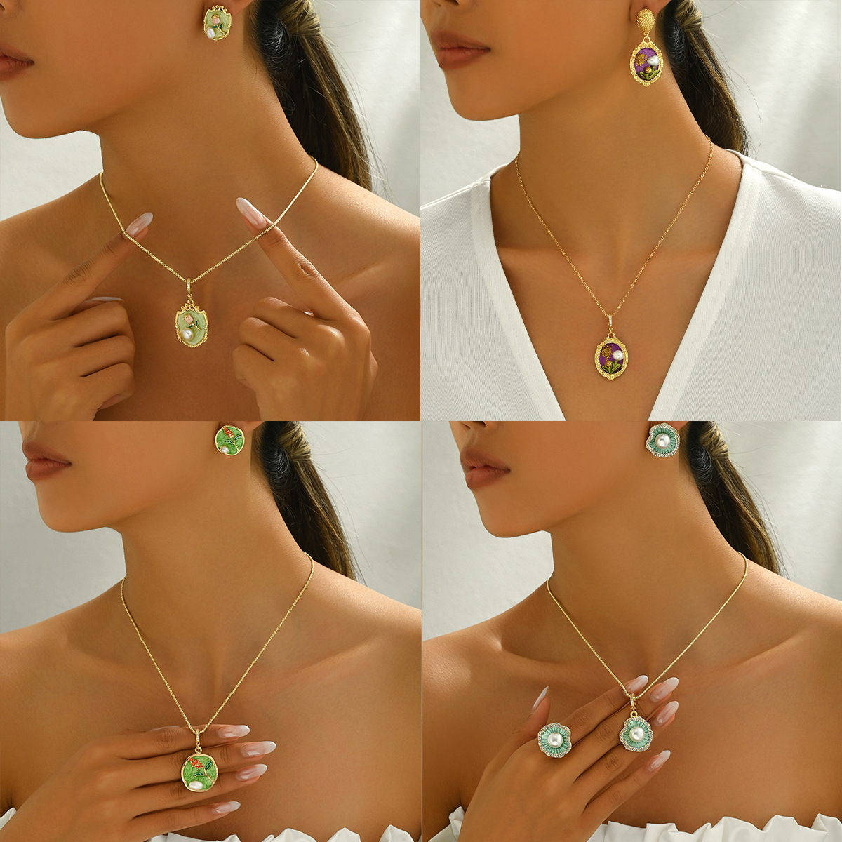 Ins Jane Japanese-Korean Style Women's Earrings Necklace Jewelry suit Personality Inlaid Pearl Oil Design Niche Necklace for Women