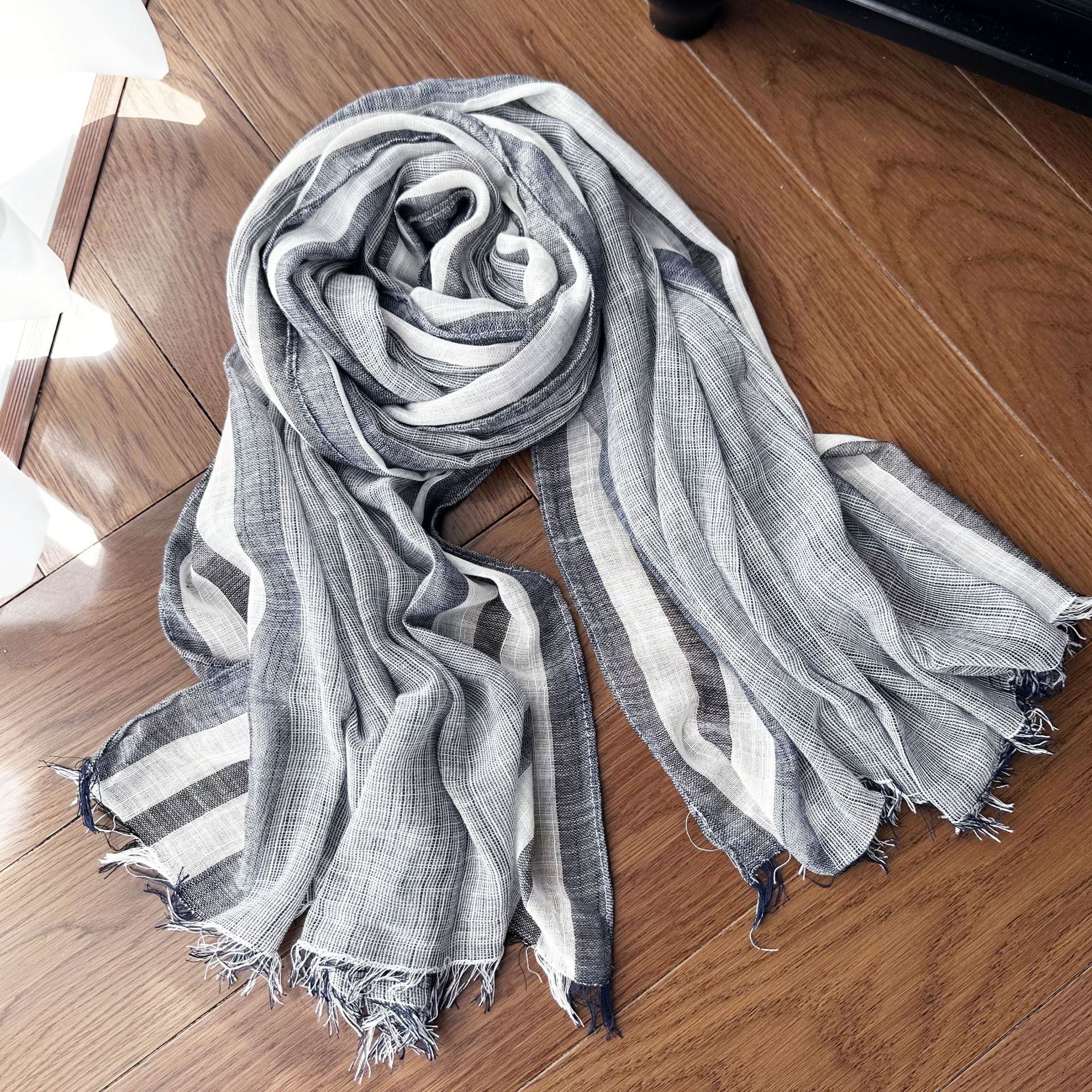 Picture of Literary Classic Striped Color Matching Bamboo Cotton Yarn Scarf Women's Four Seasons Good Wear Thin Long Silk Scarf Sunscreen Shawl
