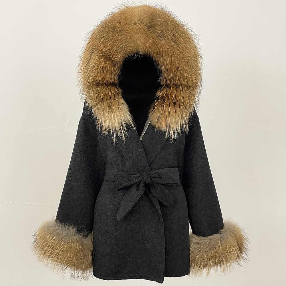 Picture of New Hooded Color-Blocked Fox Fur Collar Autumn and Winter Double-Sided Wool Outwear Women's Cloak Waist Thickeneded Woolen Outwear