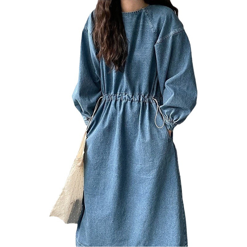 Korean style autumn and winter retro lazy round neck drawstring lace-up waist denim skirt women's loose pocket imitation denim dress