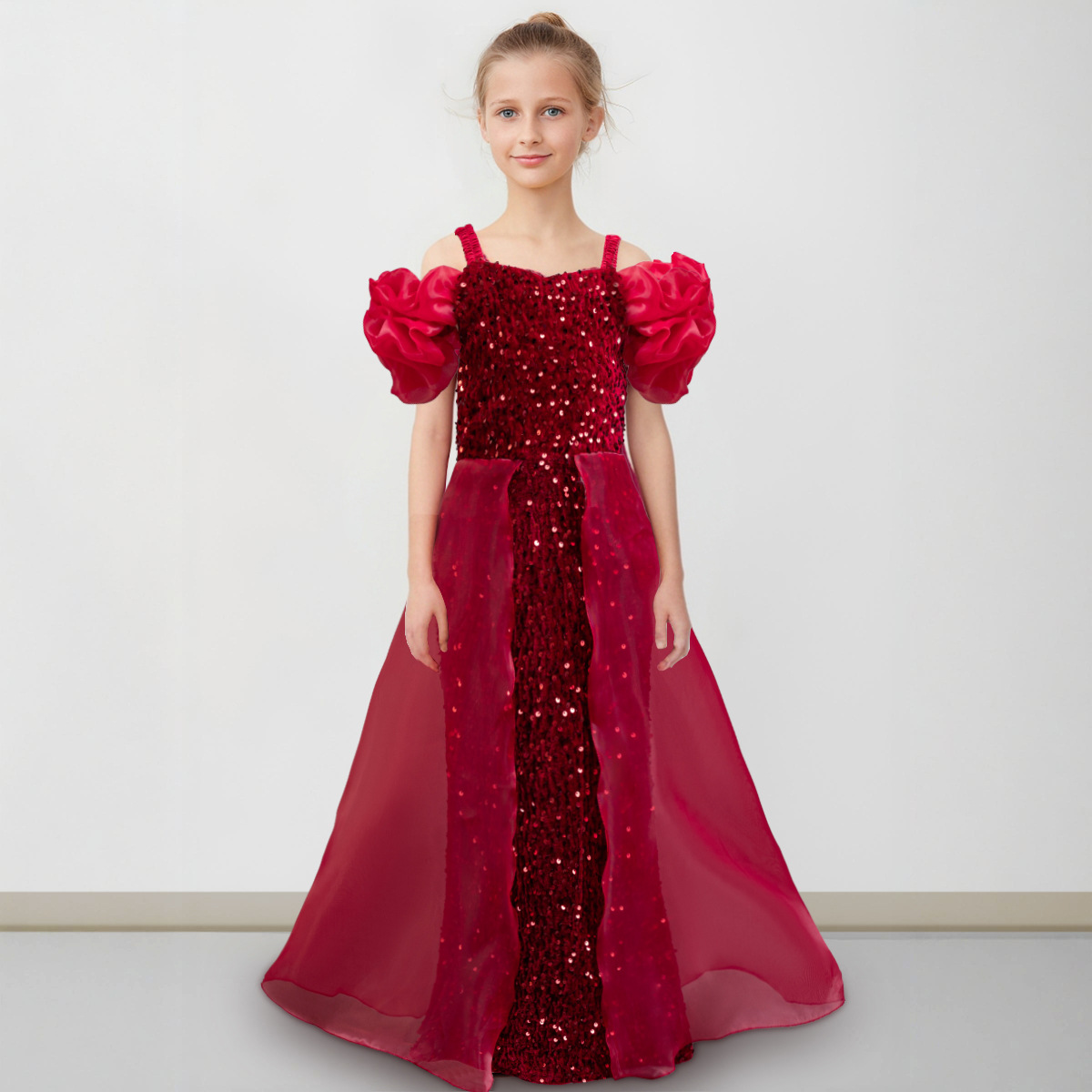 Children's One-Neck Banquet Evening Dress Girl's wine red Strap Slim-Fit Bead Long Catwalk Birthday dress