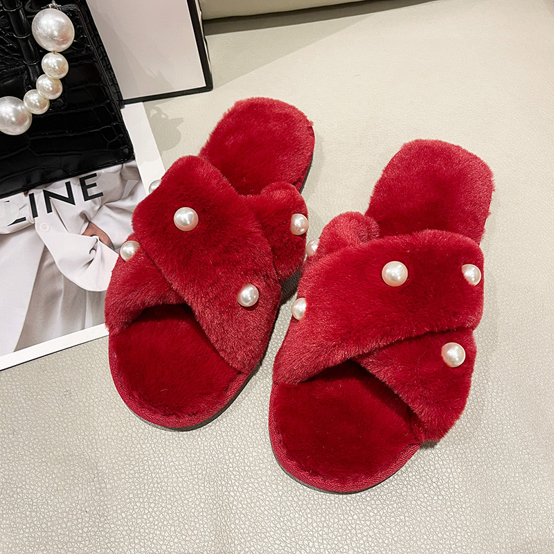 Picture of Foreign Trade New Fashion Pearl Home Home Maomao Slippers Women's Warm Flat Heel Cross Slippers Autumn and Winter Cross-Border