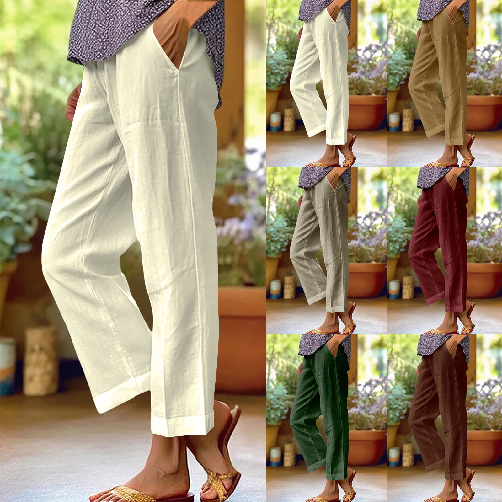 2025 European and American New Summer Cotton and Linen Loose Solid Color Elastomer Waist Pocket Straight Casual Pants Ankle-length Pants