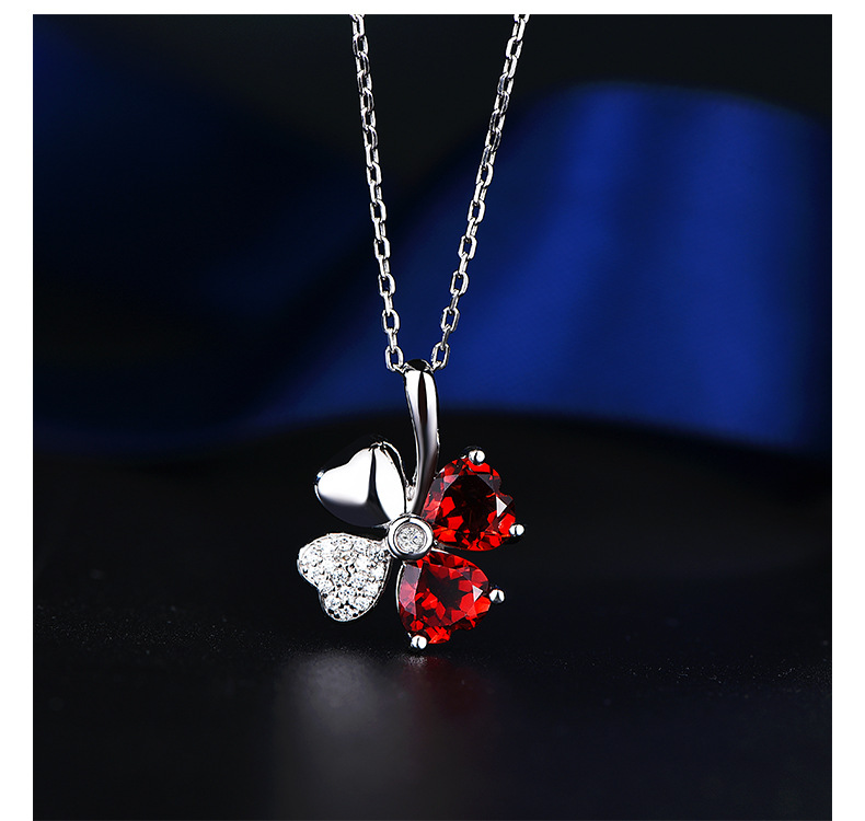Picture of Luxury Korean-style Lucky Four-leaf Clover Necklace Synthetic Garnet Pendant Red Crystal Necklace Women's Clavicle Chain Silver Jewelry