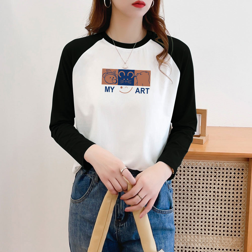 Contrast color stitching high quality ice porcelain cotton top women's T-shirt autumn and winter bottoming shirt western style top 2024 new pure cotton t