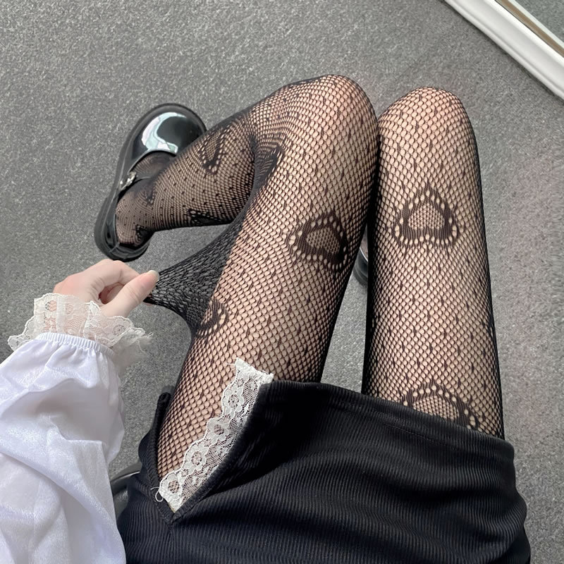 Diablo Personality Love Pattern Fishnet Stockings Japanese Jk Hot Girls Black Silk European and American Internet Popular Sexy Slim Thin Pantyhose Thin