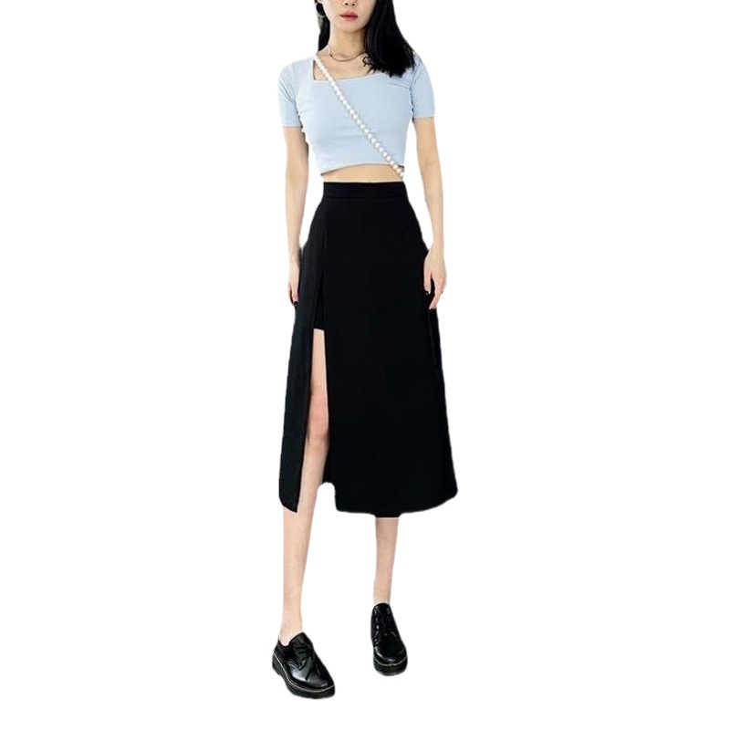 Irregular Slimming Mid-Length Skirt 2024 New Summer Black High-Waisted Skirt Plus Size A-Line Skirt for Students