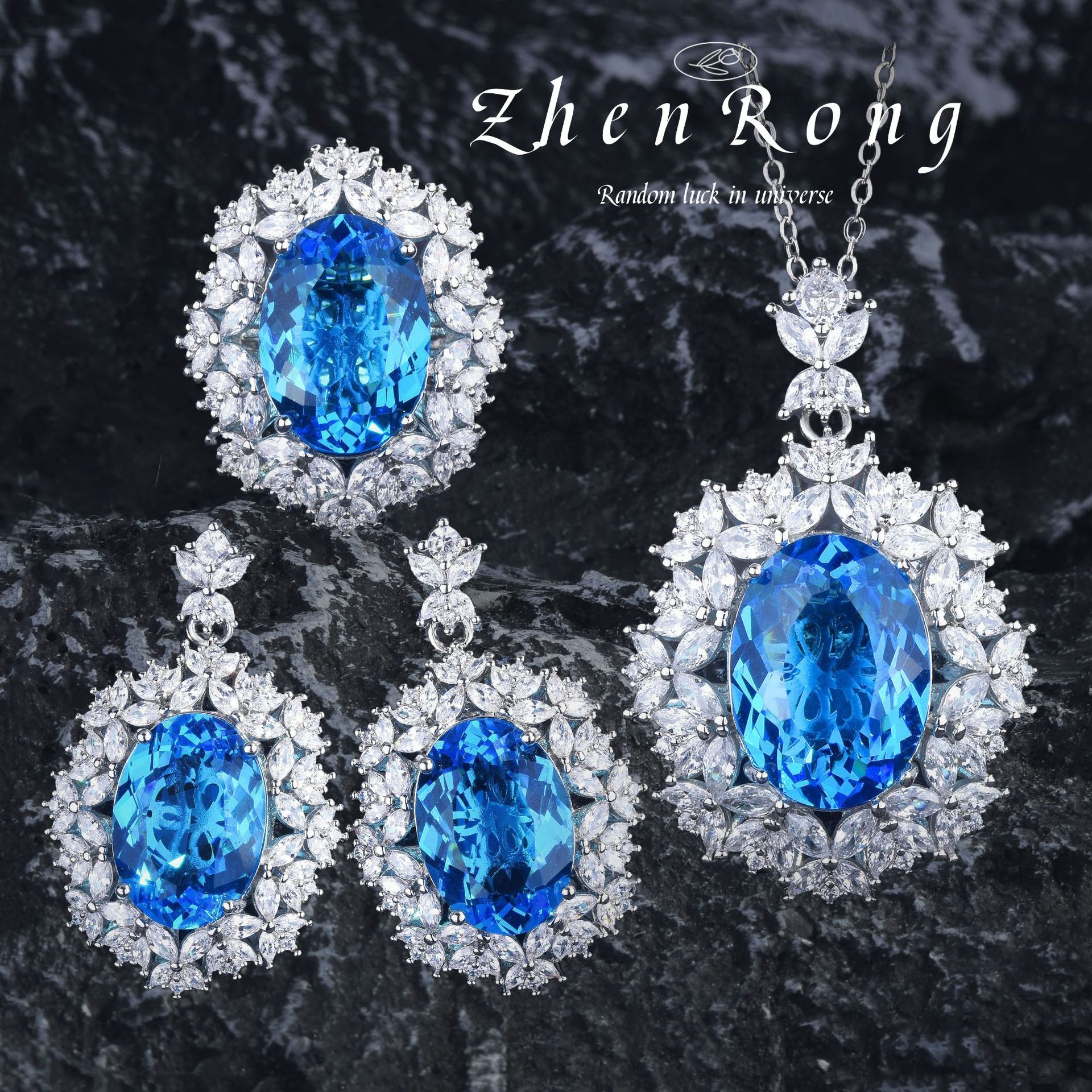 Heavy Industry Aquamarine Pigeon Egg Big Gemstone Necklace Pendant Color Treasure Earrings suit Elegant Zircon Lantaopa Ring