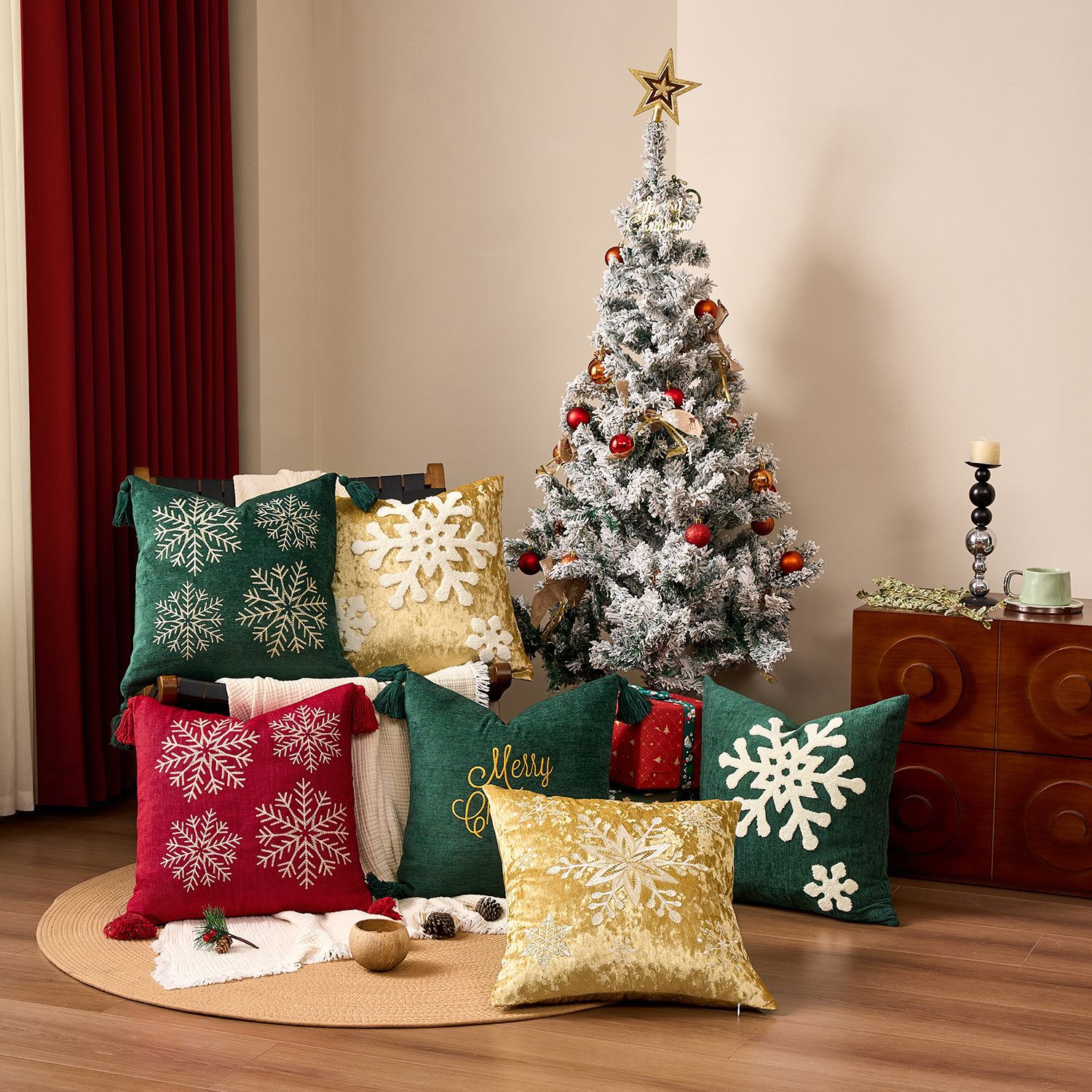 2025 New Year Christmas Snowflake Embroidered Pillow Case, Amazon Cross Border Home Sofa Decorative Cushion Cover