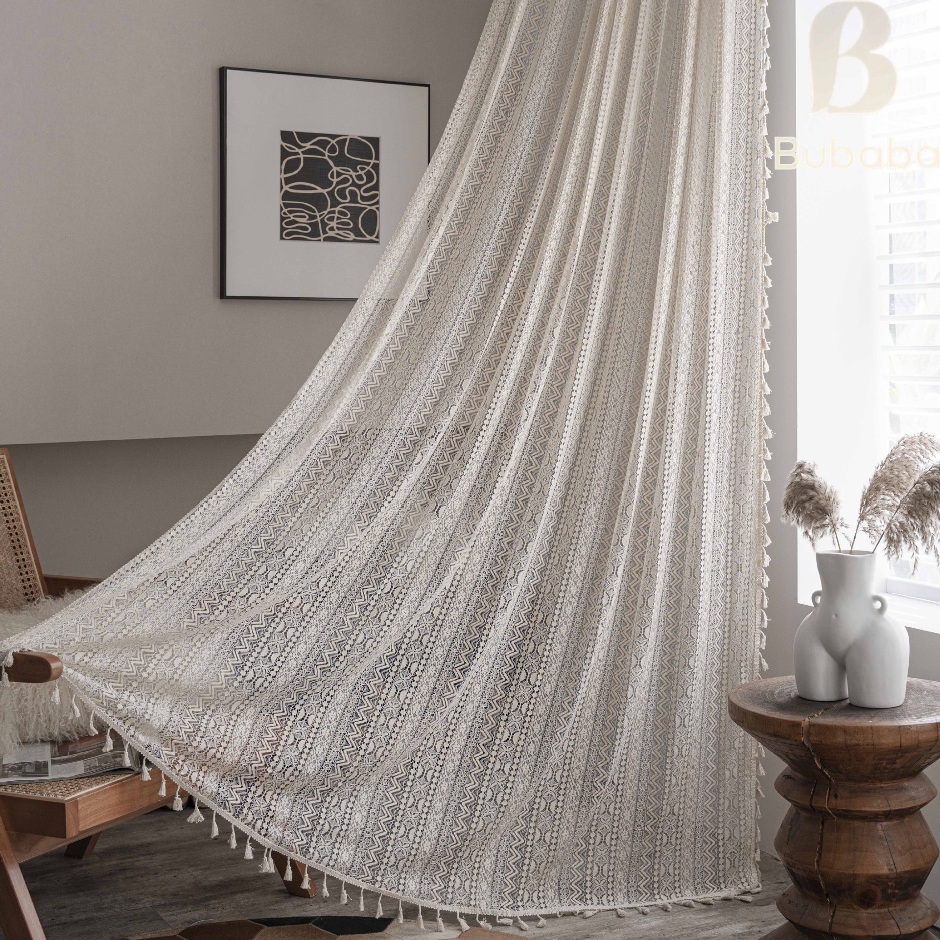 Cloth Dad American Country Finished Curtain Beige Crochet Light Transmission Hollow Small Curtain for Living Room Balcony Bedroom Bay Window