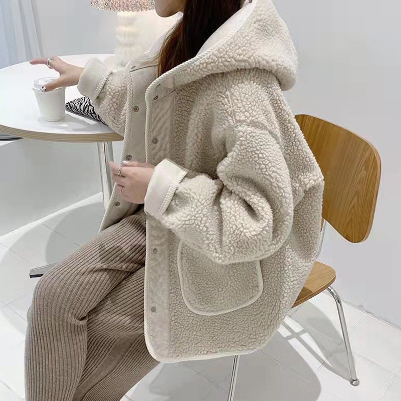 Picture of Imitation Lamb Wool Hooded Outwear for Women, Autumn and Winter Outwear with Button, New Korean Style, Loose, Slim and Versatile Top for Small People
