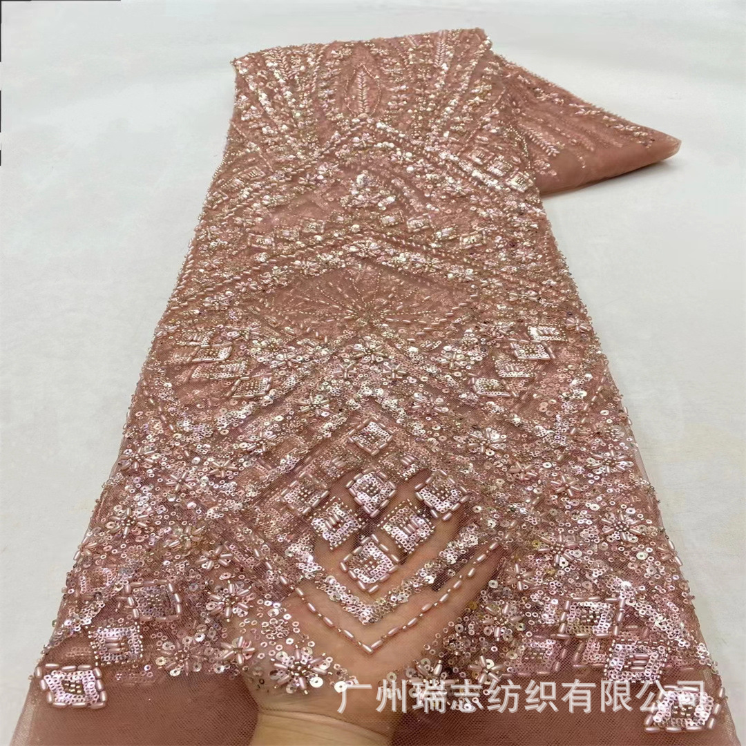 Unilateral Large Flower Bead Tube Embroidery Group Flower Sequin Embroidery Fabric European and American Non-Sexy Dress Trailing Wedding Lace Cloth