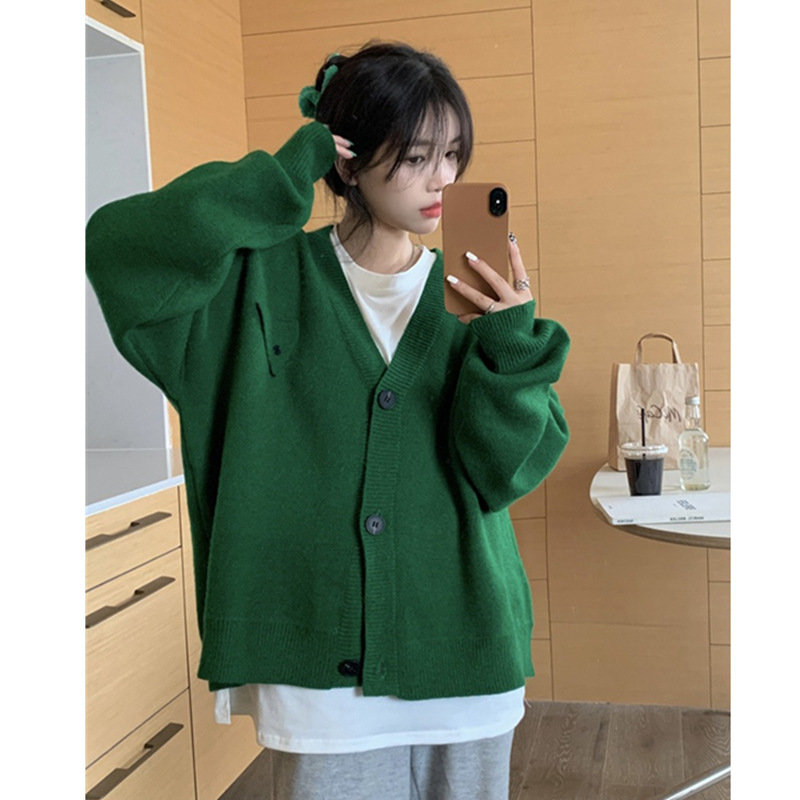 Picture of Lazy Style Sweater Jacket Spring & Fall 2022 New Design Pure Color Loose V Neck Single-Breasted Knitted Cardigan for Women