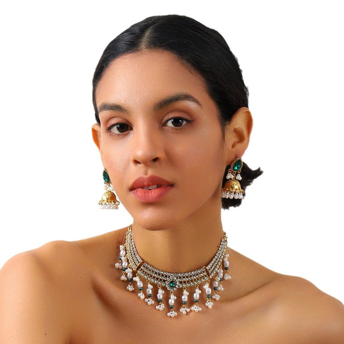 Picture of European and American Cross-border Pearl Tassel Drop Beads Exaggerated Necklace Earrings Women Bohemian Fashion Vintage Jewelry suit Women