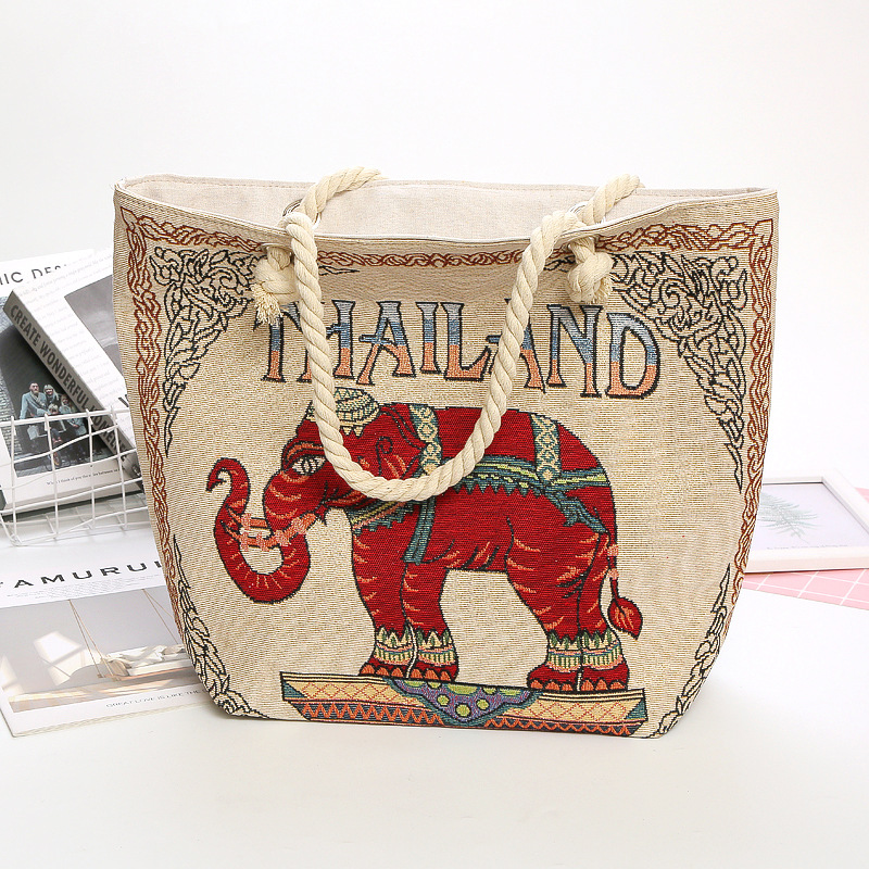 Picture of Ethnic Style Characteristic Elephant Double-Sided Gold Jacquard Embroidered Canvas Bag Xishuangbanna Large Capacity Tote Bag with Zipper