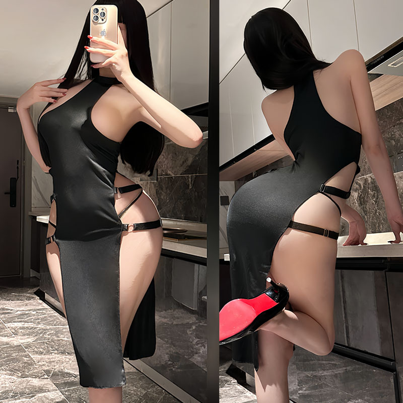 Sexy Halter Neck Double-Slit Cheongsam with Straps, Bodycon Long Slim-Fit Dress F183