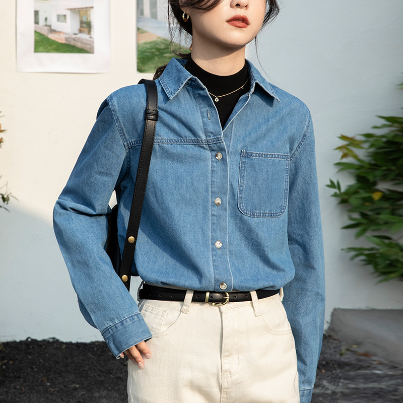 Picture of Denim Shirt Women's Inner Wear Spring New Design Sense Blue Jacket Wide Loose Shoulder Stacked French Shirt Long Sleeve