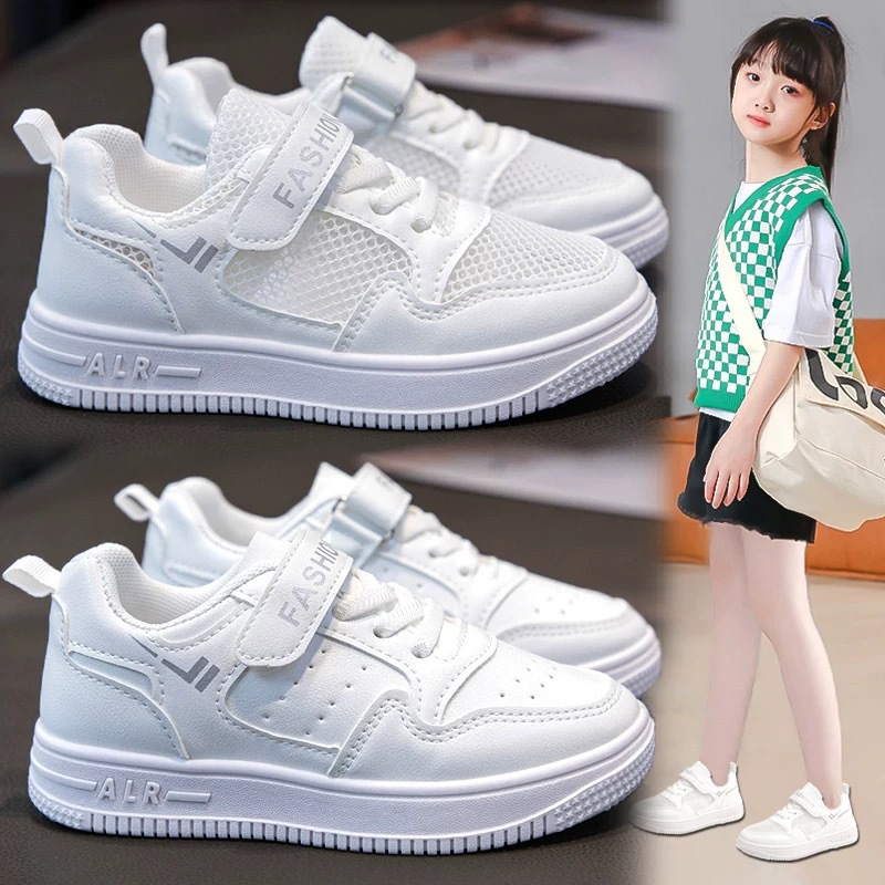 Children's White Shoes Student Campus Summer Mesh Spring and Autumn Leather White Boys' Shoes Sports Shoes Girls' Sneakers
