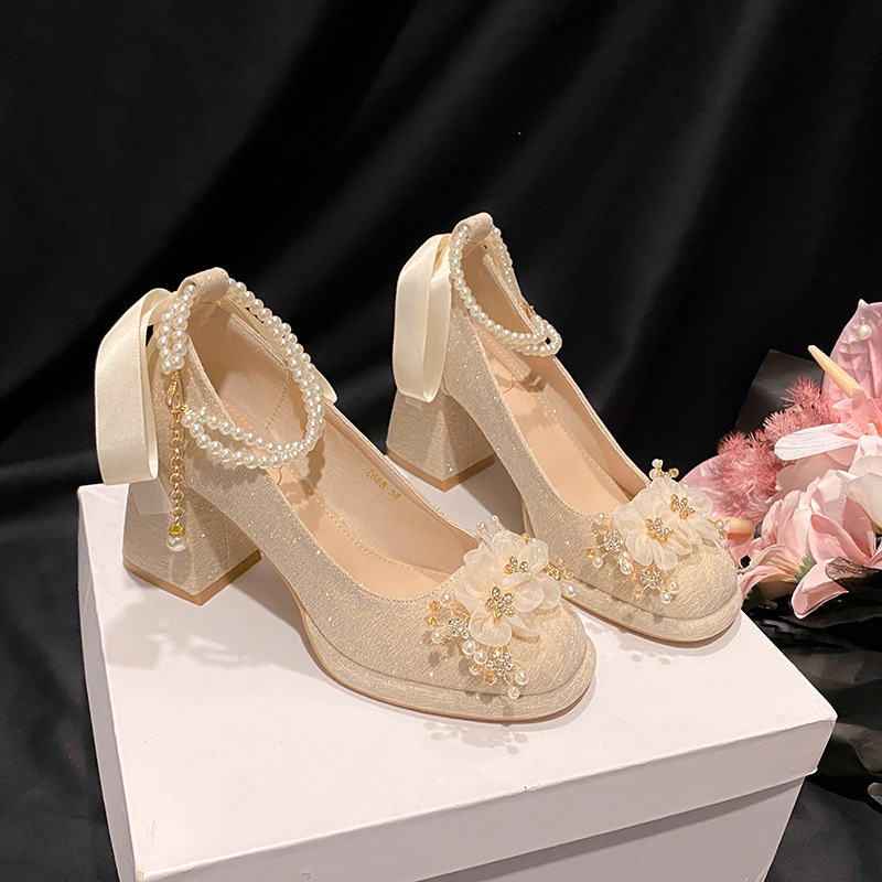 2025 French Pearl High Heels Fairy Chunky Heel Satin Wedding Shoes Bridal Shoes Single Shoes with Square Toe apricot Shoes