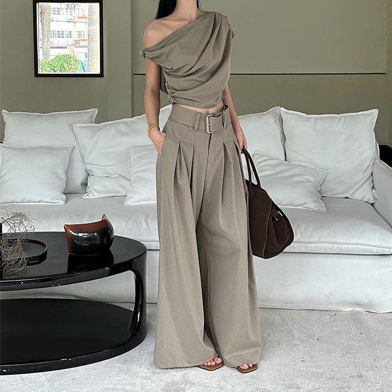 apricot Irregular Strapless Wide-leg Pants suit Women's Fashion Design Sense Top Elegant Suit Pants Two-piece Set