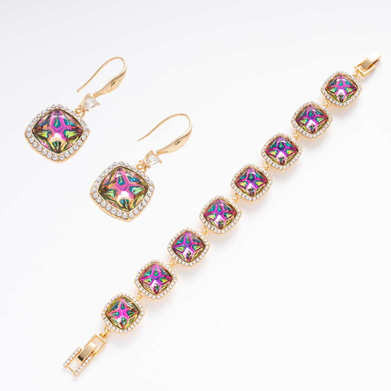 Qingdao Foreign Trade Cross-Border Jewelry Design Diamond-Colored Glass Square Crystal Diamond Trendy Earrings and Bracelet Set