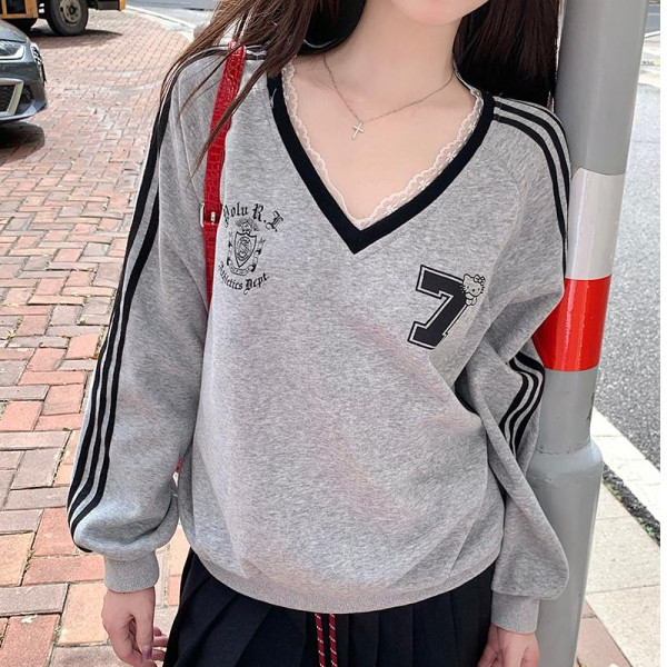 2024 Autumn and Winter Sweet Lace Stitching V-Neck Letter Printed Long-Sleeved Sweat Women's Loose Slimming Casual Top