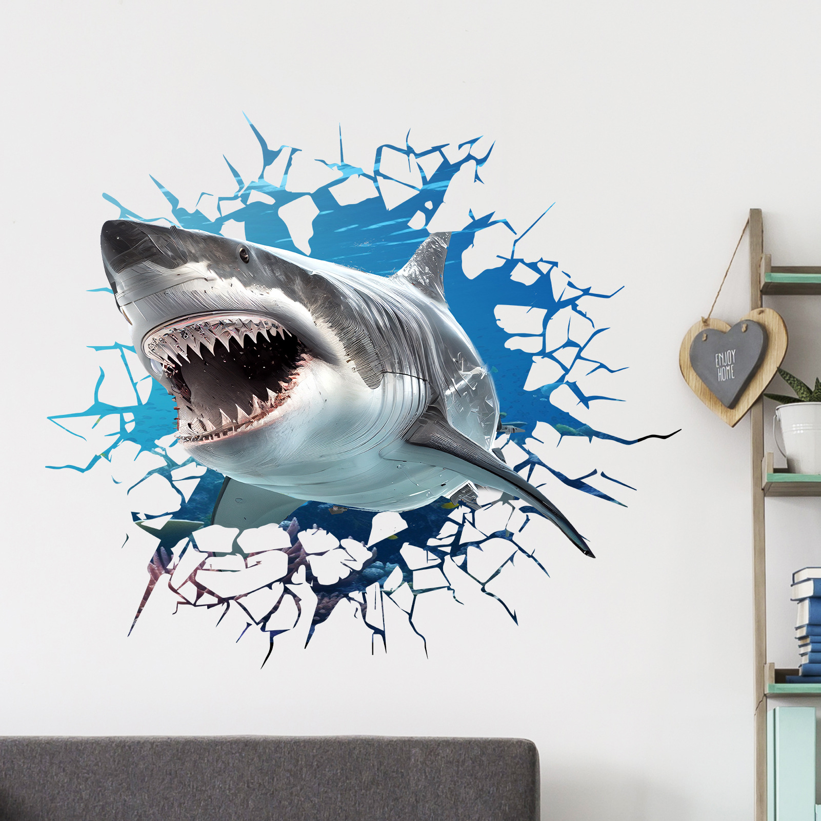 New MS-GML004 Sea Animal Hole Shark Wall Stickers Living Room Window Wall Home Decorative Wall Stickers