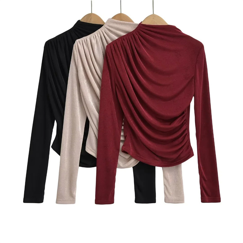 Pure Spice Girl Small High Collar Pullover Long Sleeve T-shirt Autumn and Winter New Pleated Design Sense Elastic Slim Base Top