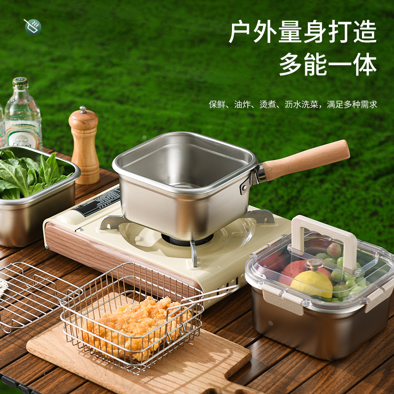 Stainless steel multi-functional fryer outdoor portable lunch box sealed thick fresh lunch box square small fryer