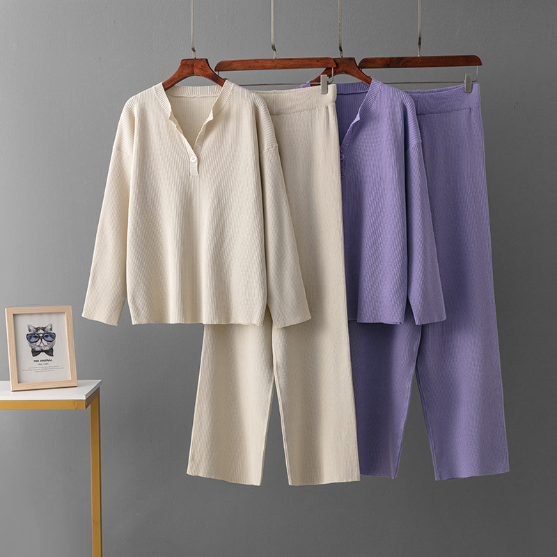 Cross-Border Russian Pure Color Suit, Striped Fashion Suit, V Neck Fashion Sweater + Loose Knitted Casual Sports Pants