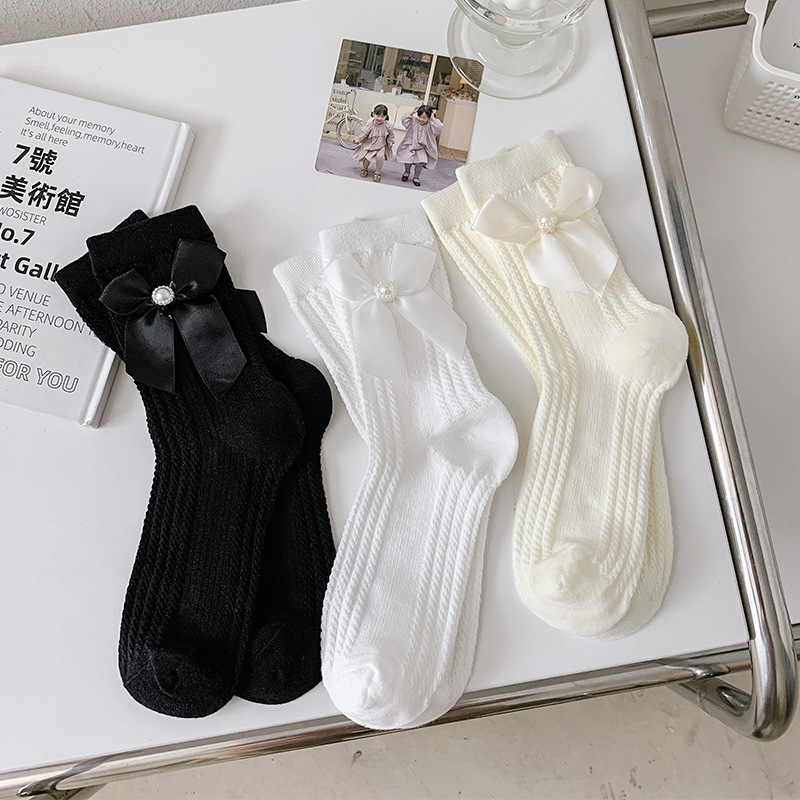 Pearl JK Socks Women's Mid-length Socks Ins Trendy Pure Cotton Autumn and Winter Japanese Style Cute College Style Black and White Bowknot Stockings