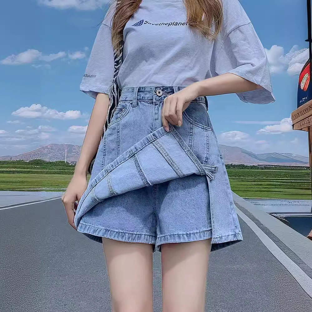 High-waisted Denim Short Skirt for Women in Summer New Style Crotch-covering Slimming Look Skirt Anti-exposure Lining Culottes Versatile A-line Skirt