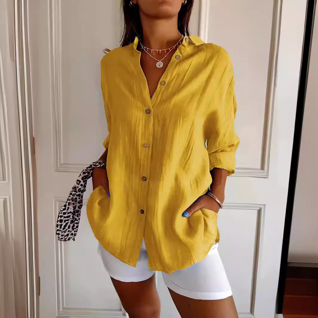 Picture of 2024 New Single-breasted Pleated Lapel Shirt Independent Station Explosions Women's Solid Color European and American Sleeve Top